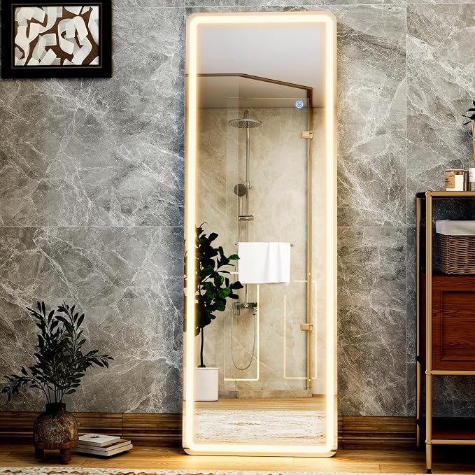 56" x 20" Full Length Mirror, LED Lighted Floor Standing Mirror | Dimming & 3 Color Lighting and Shatterproof Tempered Glass Wall Hanging or Leaning Full Body Mirror for Bedroom/Home Decor