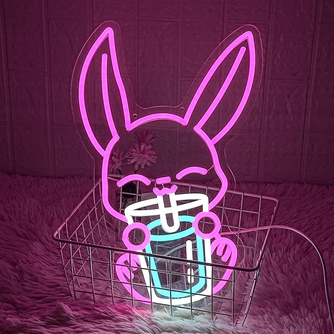 Rabbit Drinking Milk Tea Neon Sign Easter Rabbit Neon Sign for Wall Decor Dimmable Led Pink Bunny Neon Lights USB Power Animal LED Sign for Home Decor for Bedroom Restaurant Easter Gifts