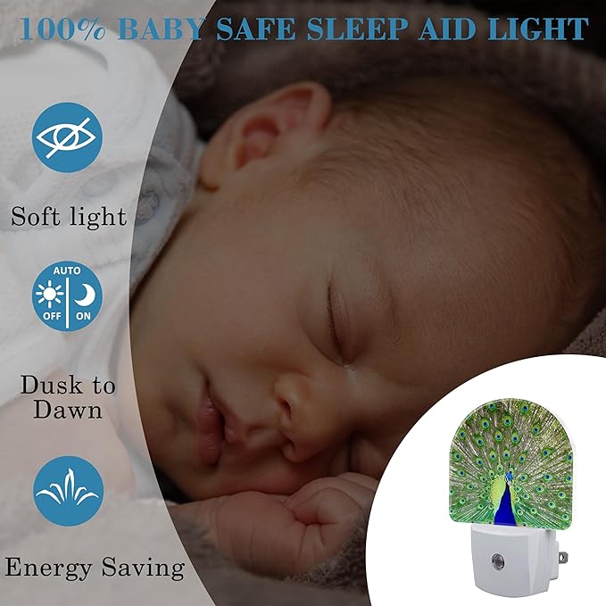Peacock Night Light with Dusk to Dawn Sensor for Room Decor, Hallway, Kitchen, Bathroom, Nursery, Stairs