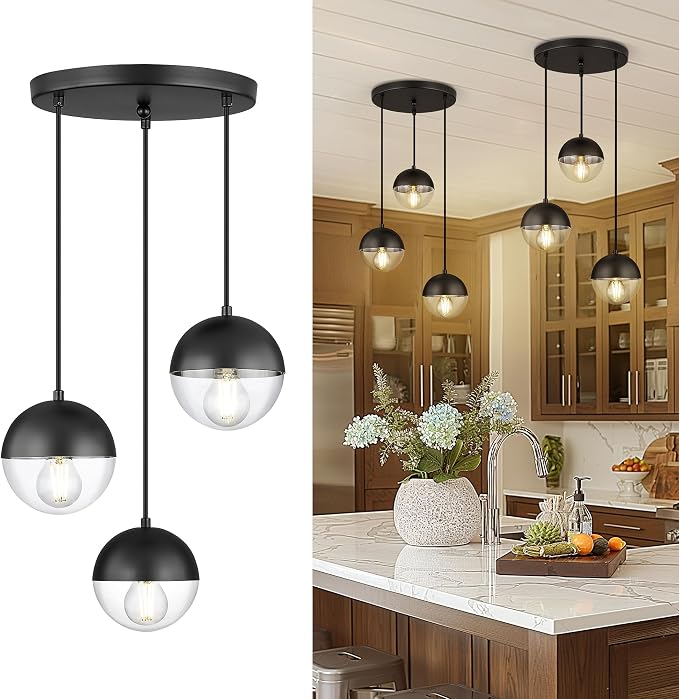 Modern 3-Light Cluster Pendant Lights, Matte Black Kitchen Island Light Fixtures with Clear Globe Glass Shade, Adjustable Hanging Light for Bathroom Bedroom Dining Room Living Room, LMS-186BKC3