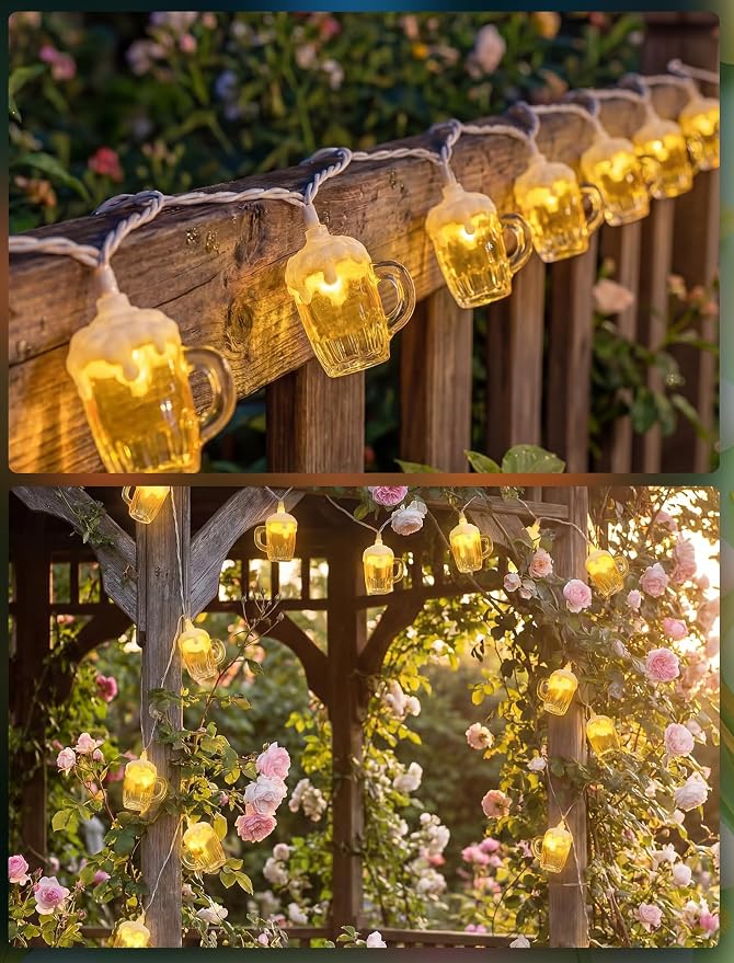 LED Beer Mug Camping String Lights, 8.5Ft Hawaiian Decor Lights Plug in | Connectable Tropical Beach Outdoor String Lights, 10 3D Beer Cup Bulbs, Summer Decor for Tent Holiday Party Garden
