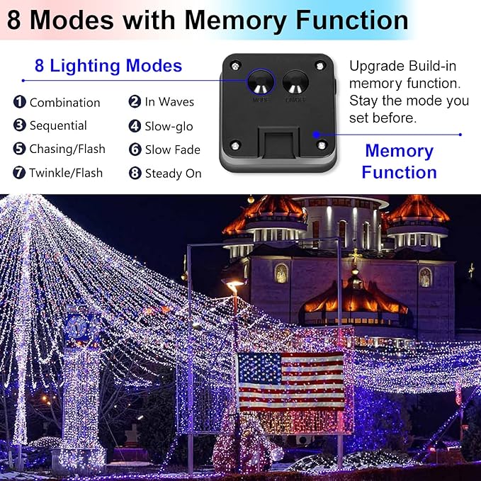 YAOZHOU Memorial Day 4th of July Patriotic Decorations, Red White Blue Solar Fairy String Lights Outdoor Waterproof, 2Pack Total 200LED 66Ft, IP67 8 Modes Outside for Garden, Patio, Yard