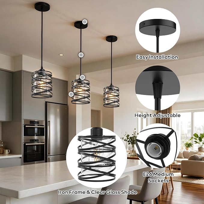 3 Light Pendant Lighting, Farmhouse Hanging Light Fixture for Kitchen Island & Dining Room, Industrial Vintage Ceiling Lamp with E26 Base, Adjustable Height, Black Spiral Cage Glass Pendant