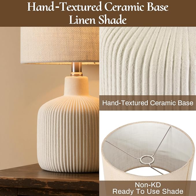 Ceramic Table Lamp, Off-White, 17.75" | Rustic Farmhouse, Beige Linen Shade, Warm Ambient Lighting, Bedside Nightstand