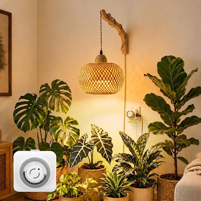 Wall Mounted Grow Lights for Indoor Plants with Timer, Hanging Light | 3500K Full Spectrum Pendant Grow Light, Rattan Shade Decorative Plant Light, 19.7FT Cord for Living Room Corners Plants