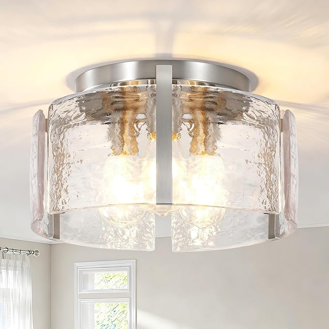 Brushed Nickel 3-Light Semi Flush Mount Ceiling Light, 15'' Modern Dimmable Hallway Fixture with Hammered Glass for Entryway Kitchen Bedroom Bathroom Foyer
