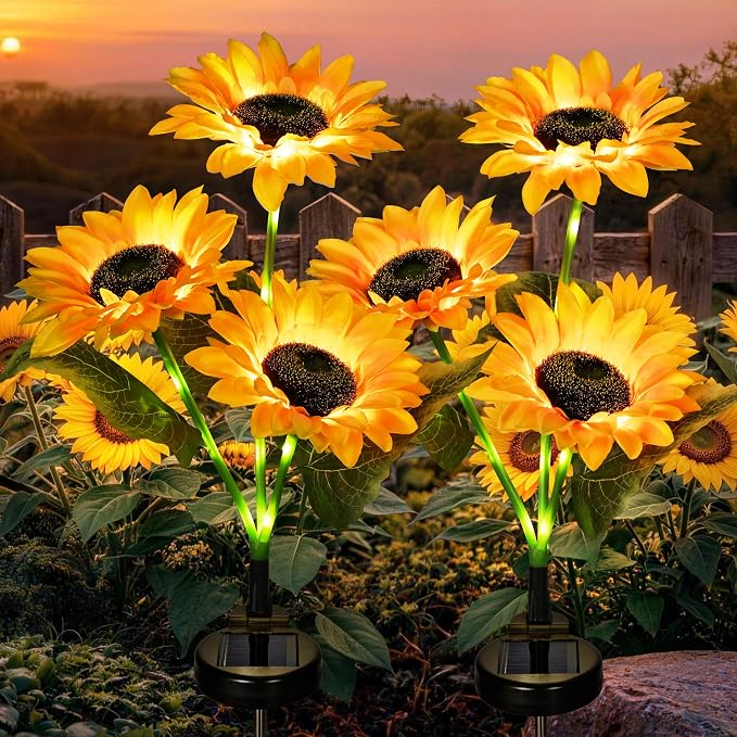 GIGALUMI Solar Sunflower Decor, 2 Pack LED Sunflower Gifts for Women | 3 Lighting Mode, Auto On/Off/Flash, Garden Decor, Waterproof Solar Garden Lightsoutdoor Outdoor Fall Decor for Patio, Yard