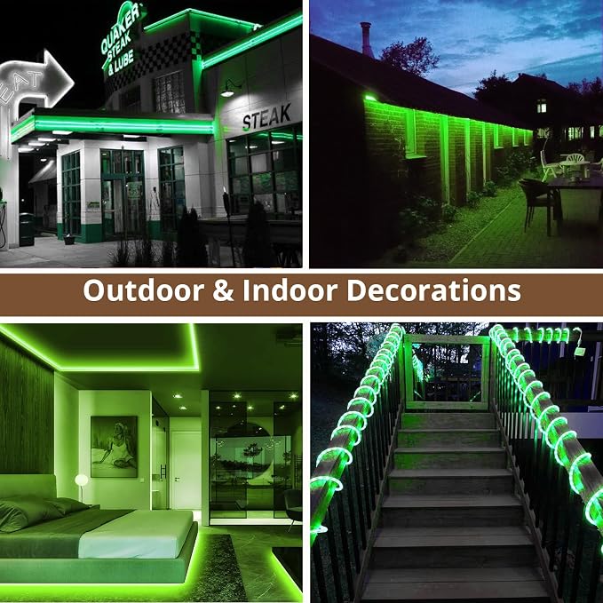 16.4ft Green LED Rope Light Waterproof | Flexible flat design. Connectable. Indoor/outdoor use. Ideal for home, Christmas, garden, patio, party decoration.