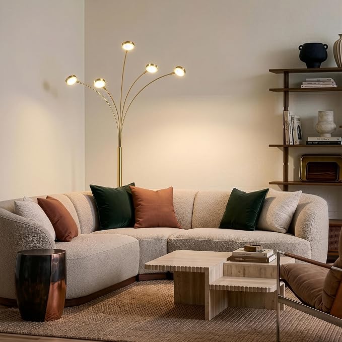 Brightech Orion Arc Floor Lamp for Living Room, Tree Floor Lamp with 5 Adjustable Arms, Multi-Head Standing Lamp with Flexible Rotating LED Lights for Bedroom, Dorm - Bright Hanging Lighting - Brass