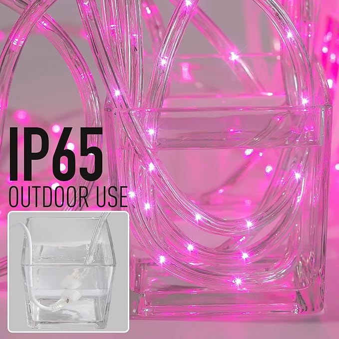 Waterproof LED Rope Lights, Connectable & Flexible with 8 Modes, Outdoor Lighting for Deck, Garden, Pool, Patio & Christmas Decor (Pink, 50ft)