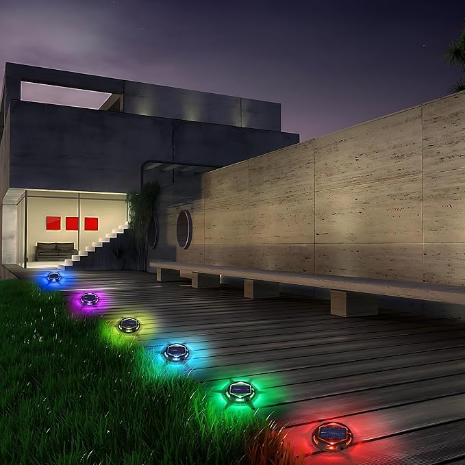 Solar Deck Light Outdoor, 12 Pack 9 Colors in 1 Solar Driveway Dock Lights, IP67 Waterproof Solar Powered Outdoor Light, RGB Step Lights for Outside Garden Yard Fence Stair Sidewalk Pathway Walkway