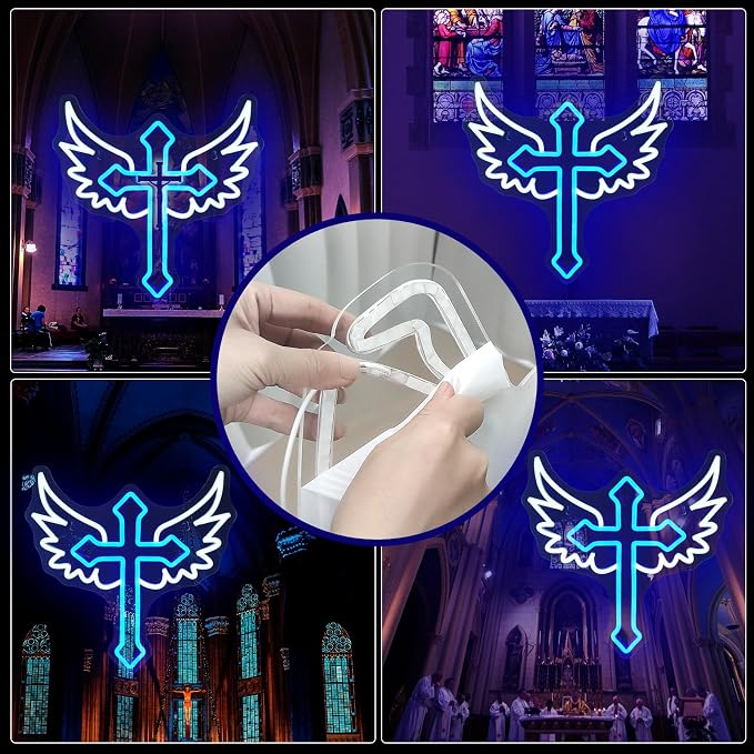 JEDAEMEN Cross Wings Neon Signs for Wall Decor White Blue LED Light Sign | Cross Led Sign Neon Lights for Preppy Room Decor Light Up Sign for Birthday Party Decoration USB Powered