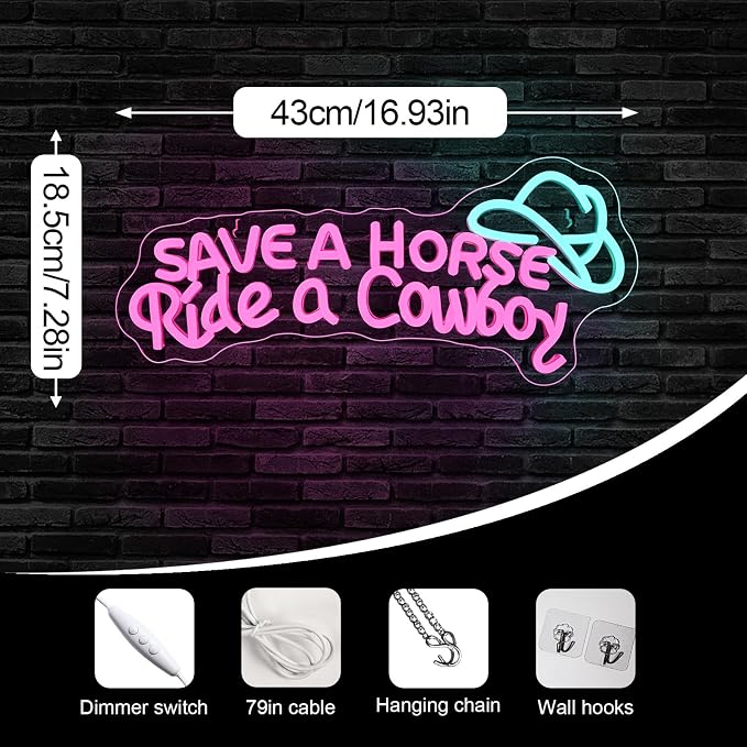 Save A Horse Ride A Cowboy Neon Sign LED Light Western Bar Decor | Funny Cowboy Light Up Sign for Home Bar, Man Cave, Country Room & Parties, USB Powered LED Neon Light, Adjustable Brightness