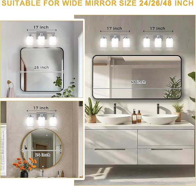 L LOHAS LED Brushed Nickel Bathroom Light Fixtures, 3-Light Vanity Light Over Mirror, Wall Sconces with Milky White Frosted Glass Shades for Bedroom, ETL Listed