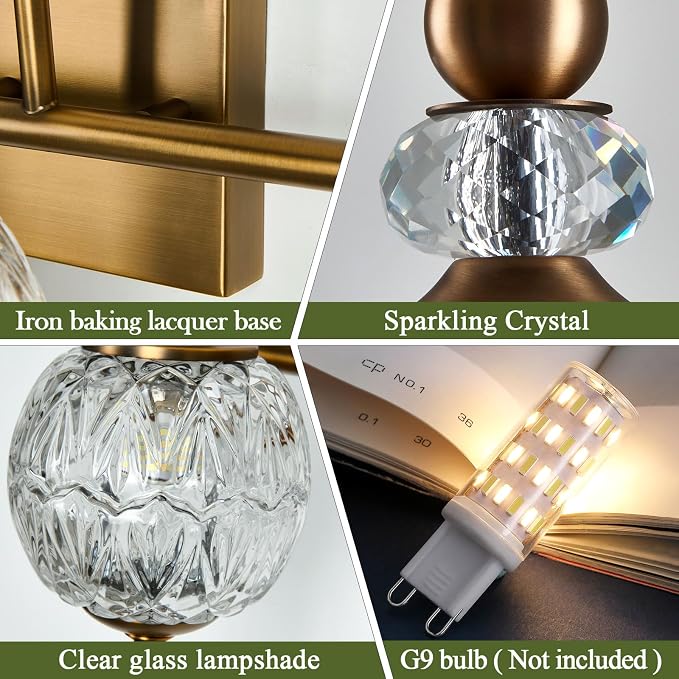 Piepooye Vintage Bathroom Light Fixtures Gold Vanity Light with Glass Globe LampShade 4 Lights Brushed Brass G9 Bulb Wall Sconce Antique Indoor Vanity Light Over Mirror for Kitchen Bedroom Living Room