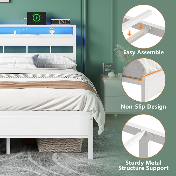 Full Size Bed Frame White, Storage Headboard, LED Lights & Charger | 2-Tier Wood Shelves,12 Metal Slats,Noise-Free,No Box Spring,12.6" Under-Bed Storage,USB & Type-C Ports,Easy Assembly,700lbs.