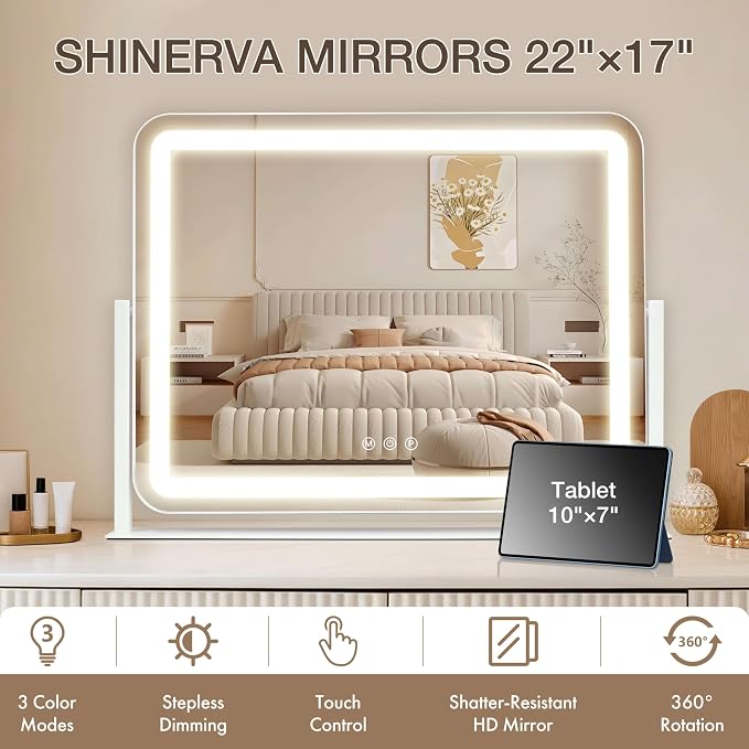 Vanity Mirror with Lights, 22"×17" LED Makeup Mirror | Smart Touch Control, Dimmable 3-Color Modes, Memory Function, 10X Magnifying Mirror, for Desk, Bedroom, Dressing
