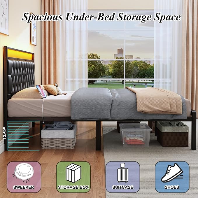 King Size Bed Frame with Charging Station, LED Light and PU Leather Upholstered Headboard, Platform Bed Frame with Under-Bed Storage, Easy Assembly, Noise Free, No Box Spring Needed, Black