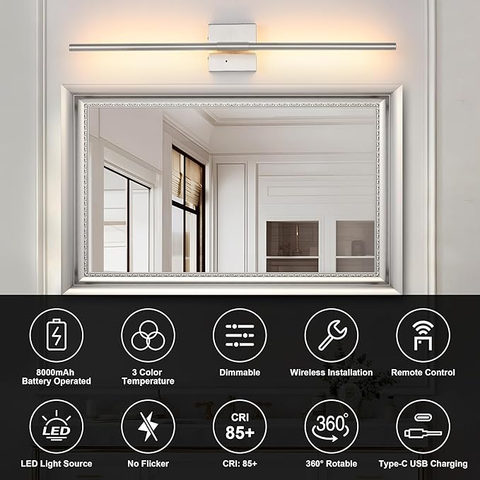 Battery Operated Wall Sconces Set of 2, Dimmable Battery Wall Sconce with Remote Control, Sand-Nickel LED Rechargeable Sconces, 30 Inch Modern Wireless Wall Lights for Bedroom, Living Room