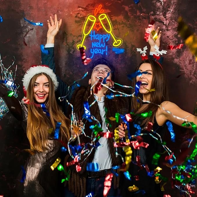 Happy New Year Neon Sign for Wall Decor Dimmable Champagne Cheers Neon Light Sign for New Year’s Eve Party Christmas Holiday Celebrate Bar Home