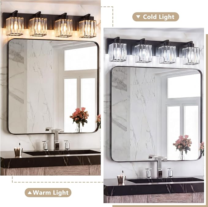 Modern Bathroom Vanity Light, 4-Light K9 Crystal Bathroom Lighting Fixtures Over Mirror, Black Vanity Light with Square Shade