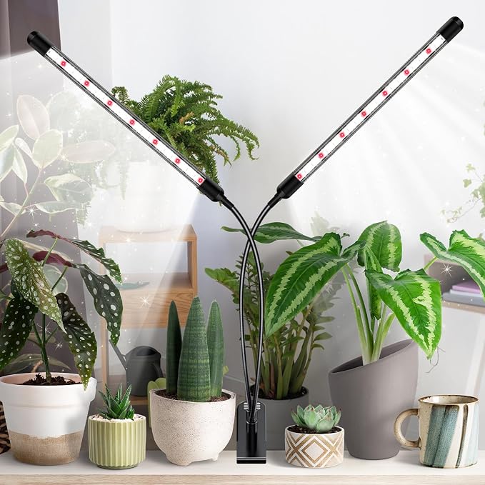 SDOVUERC Full Spectrum Grow Lights for Indoor Plants, Dual-Head Plant Lamps with Clips and 5 Dimmable Level and 6/12/18H Timer for Indoor Plant Growing.