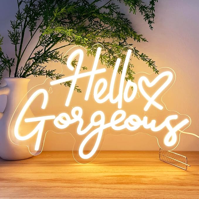 Hello Gorgeous Neon Signs for Wall Decor with Heart, Warm White Gorgeous LED Sign Lights for Bedroom Dorm Salon Wedding Party, 16"x12" Preppy Cute Room Decor Woman Cave - 100,000H Lifespan