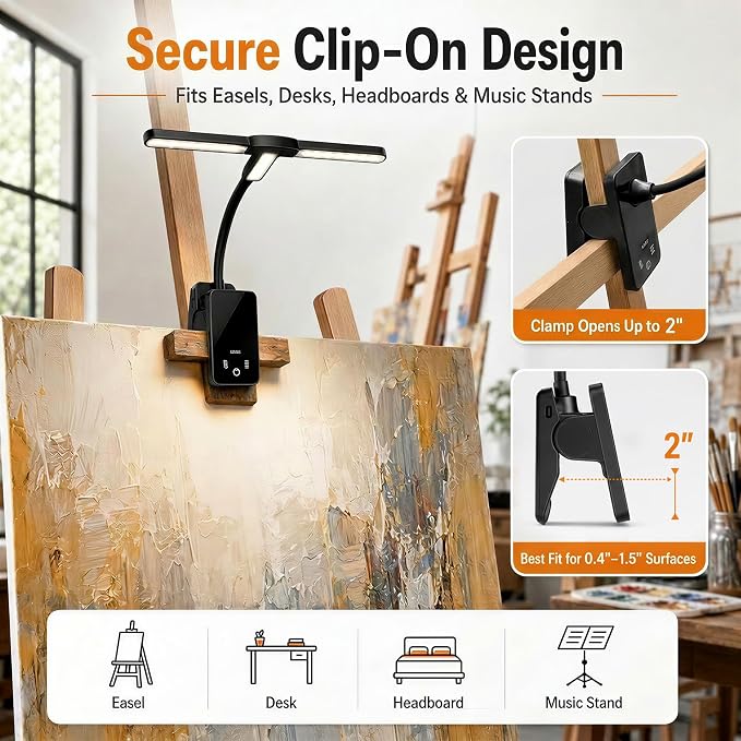 2 Pack Clip-On Easel Light, Rechargeable Artist Lamp for Painting | Flexible Arm Reading Light with 4 Color Modes & 3 Brightness, Music Stand Light, for Piano Bed Reading Desk Puzzle