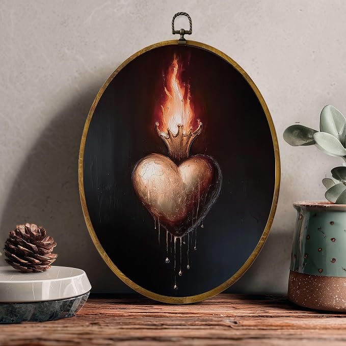 zewepri Sacred Heart Oval Wall Art, Gothic Vintage Decor, 8.5x11.5 | Vintage flaming heart print adds moody gothic charm to nursery, bedroom, bathroom, living room, or gallery wall