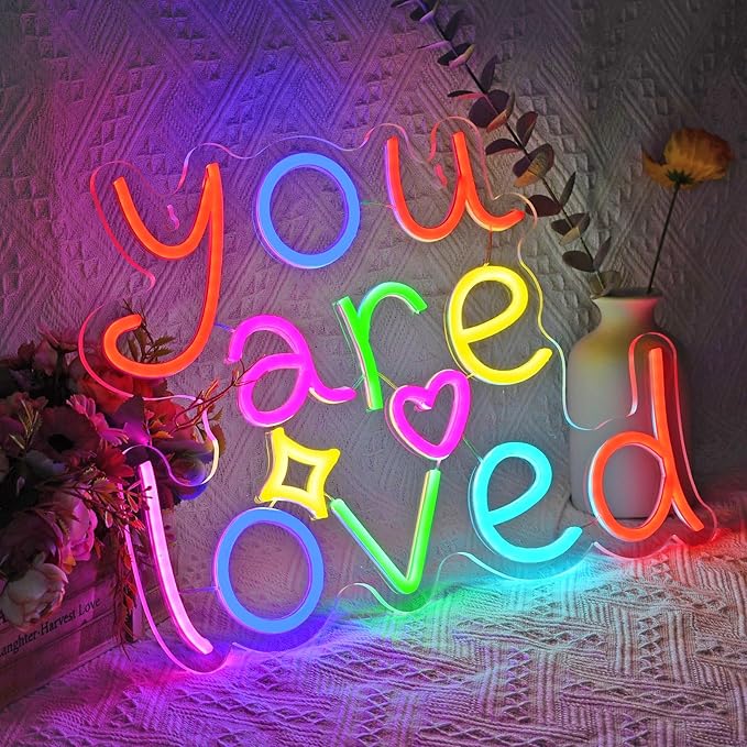 You Are Loved Neon Light for Wall Decor, Dimmable Sign for Bedroom | 16"x12" Colorful Letter Light, Birthday Gift for Daughter/Son/Girlfriend (No Adapter) 6.5ft USB Powered