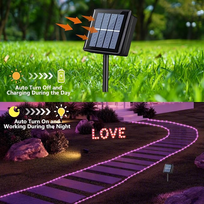 YEGUO Solar Rope Lights Outdoor Waterproof, 2 Packs Each 33ft 100 LED Solar String Lights, 8 Modes Fairy Lights in Clear Thin Tube for Camping Fence Patio Garden Trampoline Deck(Pink)