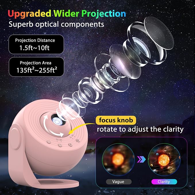 Galaxy Projector for Bedroom, HD Image Star Projector Galaxy Light Adjustable Knob, 12 Film Discs Planetarium Projector for Kids, 360° Rotating 1/2h Timer Simple 4-Button Control Pink