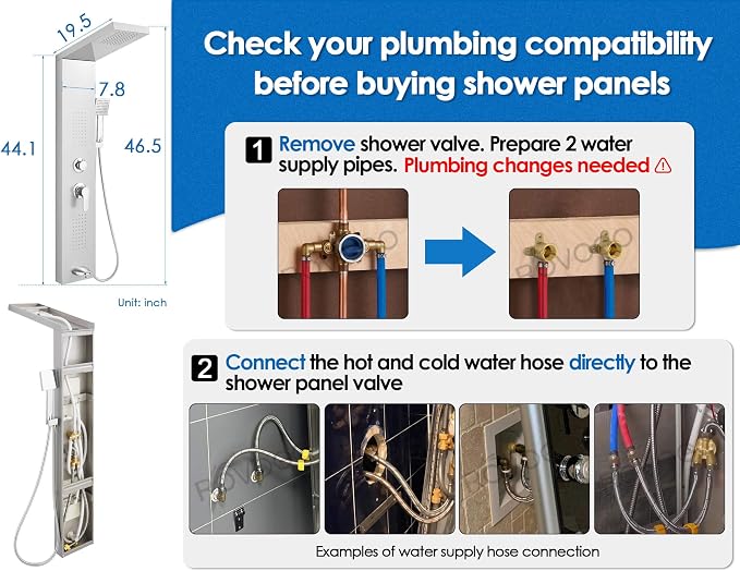 ROVOGO Shower Panel Tower System with 4 Shower Modes, 46.5", No Led Lights | Rain Shower Head, 2 Body Jets, Handheld and Tub Spout, Stainless Steel Shower Column w/ Brass Valves, cUPC Cartridge, Brushed