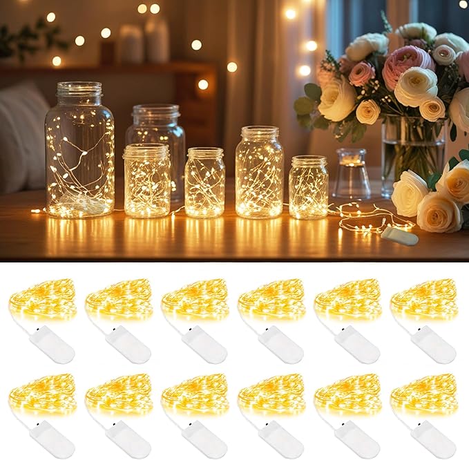 12 Pack LED Fairy Lights, 7ft 20 LED Battery Operated Silver Wire String Lights, Warm White Mini Starry Lights for DIY Crafts, Wedding, Party, Bedroom, Christmas Decorf. (12 Pack – Warm White)