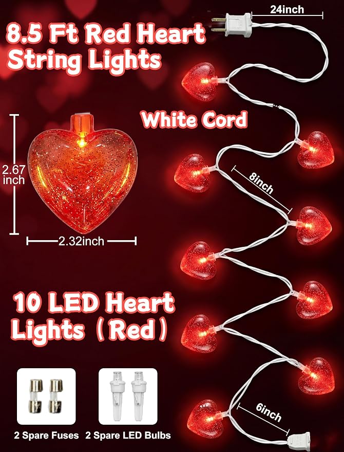 8.5 Ft Heart String Lights, Valentines Day Decorations Lights with 10 LED Glitter Red Heart Lights, Plug in Fairy Heart Shape String Lights for Wedding Anniversary Party Valentine's Day