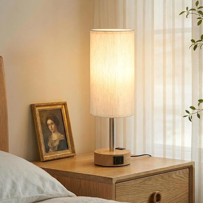 Touch Bedside Table Lamp for Bedroom, Stepless Dimmable, USB A+C, AC Outlet | Base Touch Button Only, Memory Brightness, Ultra-dim Night Light, Included Bulb for Optimal Dimming, Wood Grain Base, Nursery