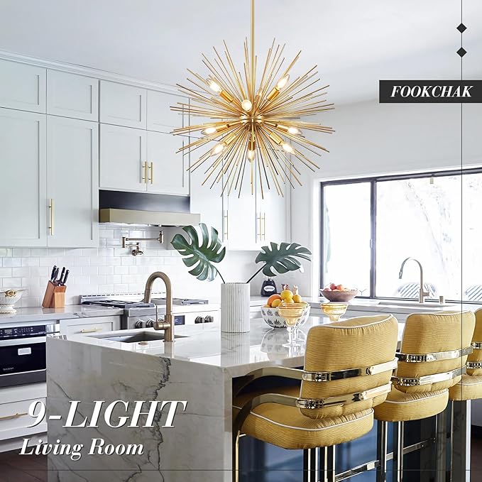 24in Gold Sputnik Chandelier 9-Light Starburst Chandelier Light Fixture Solid Metal Mid-Century Modern Satellite Light Fixture for Dining Room Bedroom Bathroom Entryway Kitchen Island