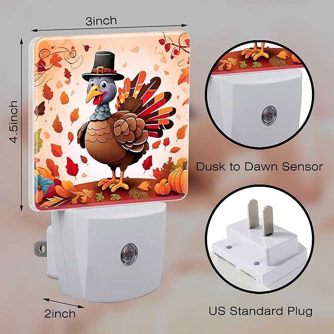 Cute Cartoon Turkey Night Light for Kids,Thanksgiving Day Fall Autumn Night Light Plug in with Dusk to Dawn Sensor,0.5w Energy Saving Nightlight for Hallway Stairway Kitchen Bedroom
