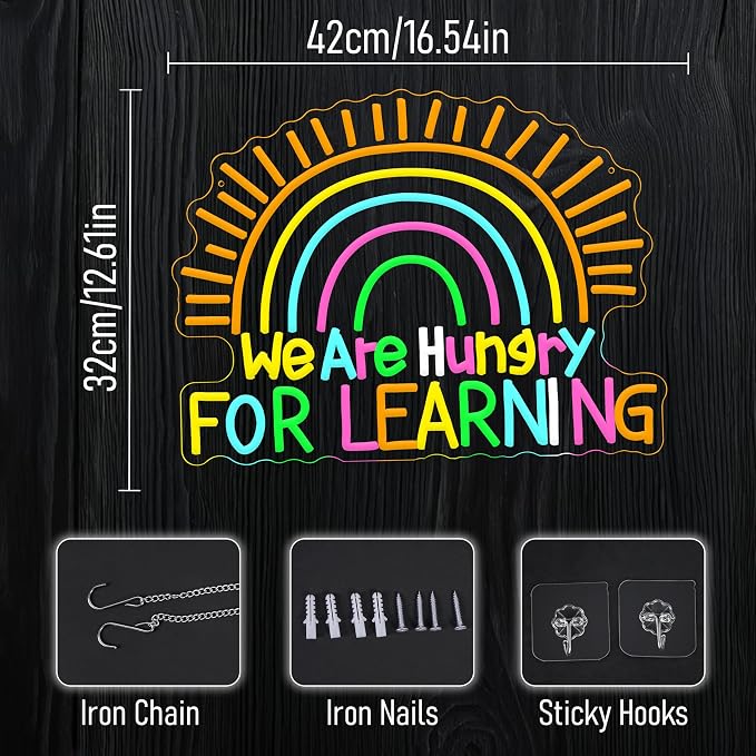 We Are Hungry For Learning Neon Sign LED Educational Light Up Sign USB Powered Rainbow Neon Light for Wall Decor Classroom Bedroom Shop Library Bookstore(16.54 * 12.6In)
