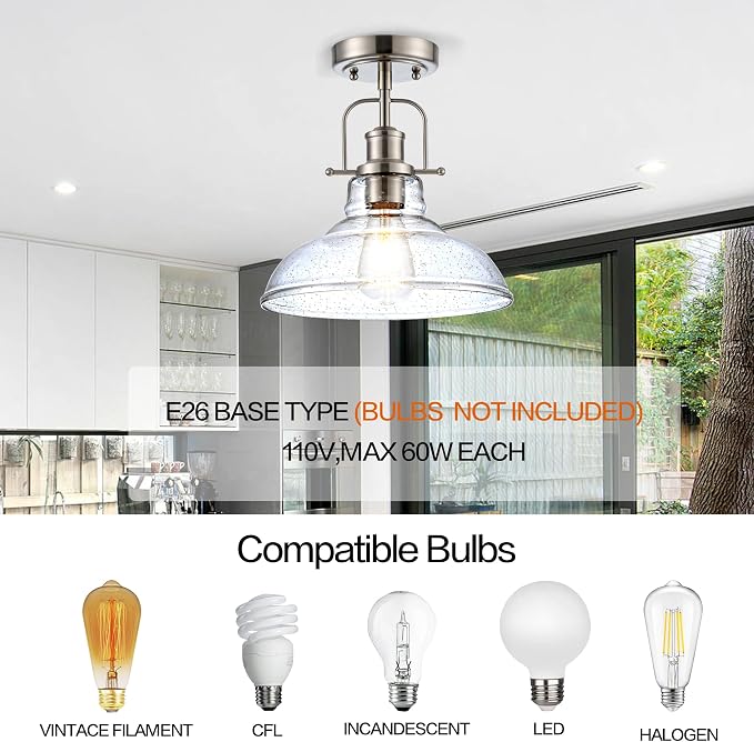 Zlepmlla Modern Flush Mount Ceiling Light Fixture, < Bulb NOT Included> Brushed Nickel Finished with Clear Glass Shade, Farmhouse Light Fixture for Kitchen Island Entryway Porch Foyer Dining Room