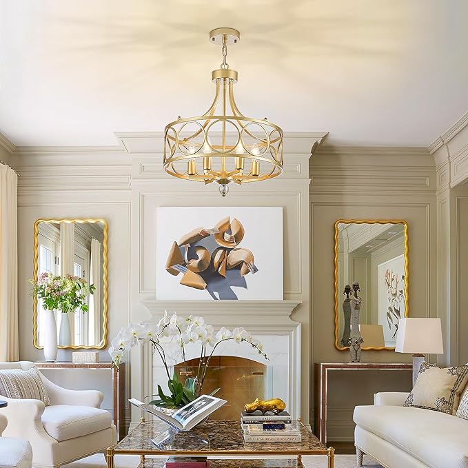 6-Light Gold Chandelier,17.5in Farmhouse Lantern Pendant Light Fixture,Adjustable Hanging Ceiling Lighting with E12 Socket,for Kitchen Island,Bedroom,Entryway,Dining Room