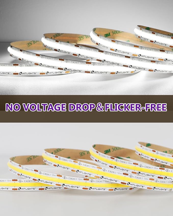 HitLights White COB LED Strip Lights 5000K, 16.4ft 12V Tape, UL Listed | 2640 LEDs, 426 lm/ft, CRI 90+, IP30, High Density, Cuttable, Rope Lighting for Kitchen Cabinets, Power Source Not Included