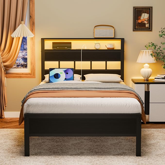 Twin Bed Frames with Charging Station and LED Lights, Black Oak | Heavy Duty Metal Slats Support, 2-Tier Wood Shelf Storage Headboard,USB & Type-C Ports,Noise-Free,No Box Spring,Easy Assembly