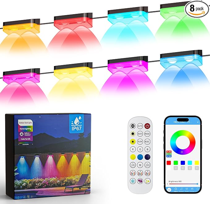 50FT Outdoor Fence Lights, 8 Packs Smart Deck Lights App/Remote Control | 16 Million Monochrome Modes, RGBCW+IC, Color Changing Lights for Fence, IP67 Waterproof for Backyard Railing Decor