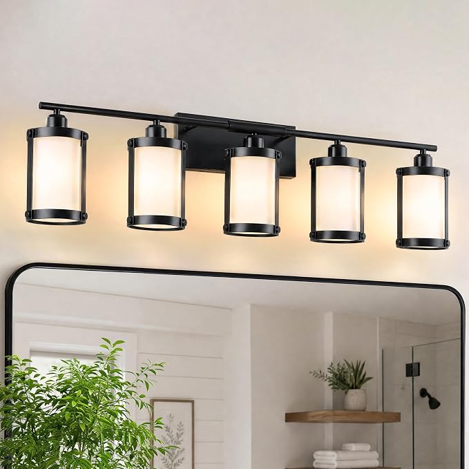 5-Light Matte Black Bathroom Light Fixtures Over Mirror with Frosted Milk Glass and Metal Cage Shade, 38" UL-Listed Modern Farmhouse Wall Sconce for Bath, Hardwire E26, OS-3014BKW-5W