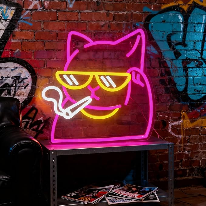 Smoking Cat Neon Sign, Dimmable Cool Cat LED Wall Light for Cat Lovers | USB Powered Cat Neon Light for Gamer Room, Man Cave, Bedroom, Bar Decor, Funny Cat Gifts for Cat Lovers