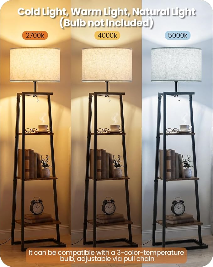 Floor Lamp with 3-Tier Storage Shelves, Standing Floor Lamp with Pull Chain Switch, Shelf Floor Lamp for Living Room, Bedroom, Office,Bulb Not Included, Rustic Brown and Beige FE34LD05