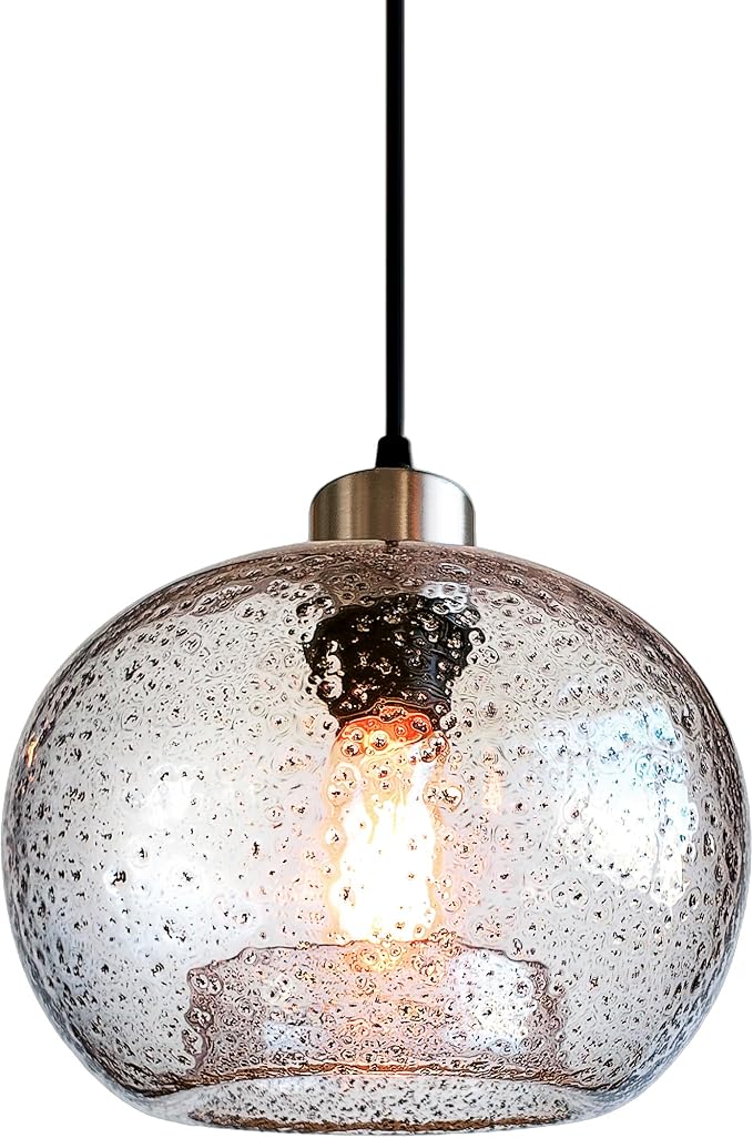 Glass Pendant Light, Clear Black Seeded, Brushed Nickel | HandBlown Ceiling Hanging Fixtures Dimmable Kitchen Island Sink Bar,Adjustable Cord,Lamp 8.7 Inch D
