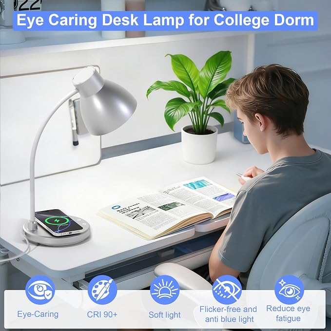 LED Desk Lamp for Home Office with Wireless Charger, Silver | 3 Color Modes Dimmable Eye-Caring Study Reading Dorm Desk Lamp, 360° Flexible Arm Table Lamp for College Dorm Room, 800 Lumen