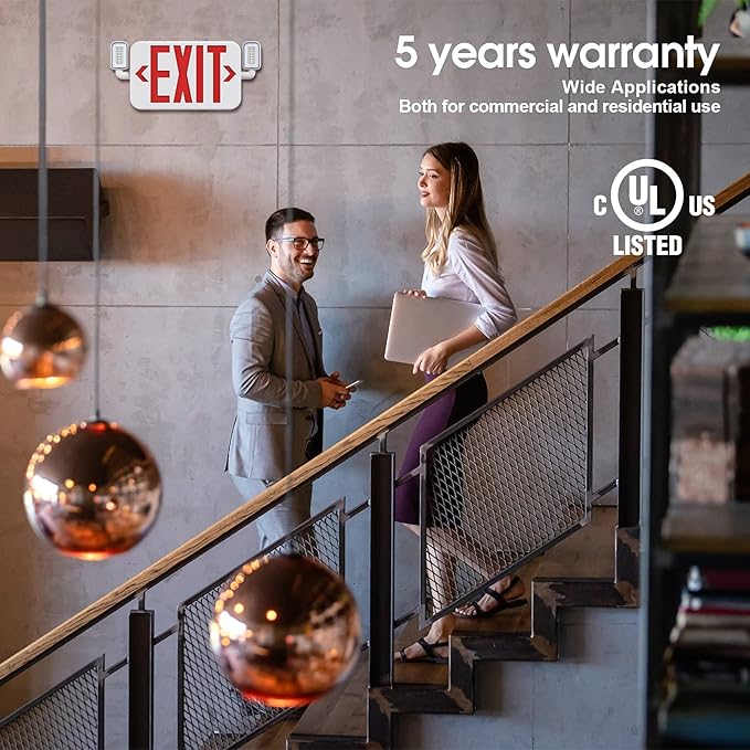 Led Combo Emergency Exit Sign Light with Two Adjustable Head Lights and Backup Battery Exit Light,US Standard Red Letter Commercial Emergency Exit Lighting,UL 924,AC120/277V (2Pack)
